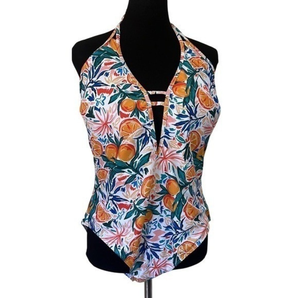 Citrus Floral Halter One Piece Swimsuit Orange Fruit Strappy V-Neck 2XL
